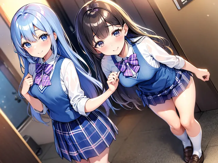 HeHe is wearing a blue checked bow tie and leaning forward.., hi-school girl, School Ribbon, Cute , School Girl, Japan , ポーズをとるhi-school girl, a japanese girl, Hi-school girl outfit, Japanese Models, wearing japanese , blue plaid skirt 4K