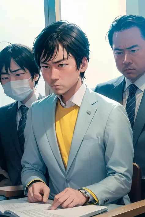 boy, alone, ((light blue suit))、((yellow shirt)), lawyer, (court), (trial), ((witness examination)), legal book, document, court...