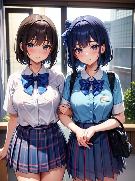 HeHe is wearing a blue checked bow tie and leaning forward.., hi-school girl, School Ribbon, Cute , School Girl, Japan , ポーズをとるhi-school girl, a japanese girl, Hi-school girl outfit, Japanese Models, wearing japanese , blue plaid skirt 4K