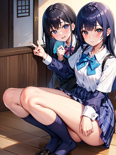 HeHe is wearing a blue checked bow tie and leaning forward.., hi-school girl, School Ribbon, Cute , School Girl, Japan , ポーズをとるhi-school girl, a japanese girl, Hi-school girl outfit, Japanese Models, wearing japanese , blue plaid skirt 4K