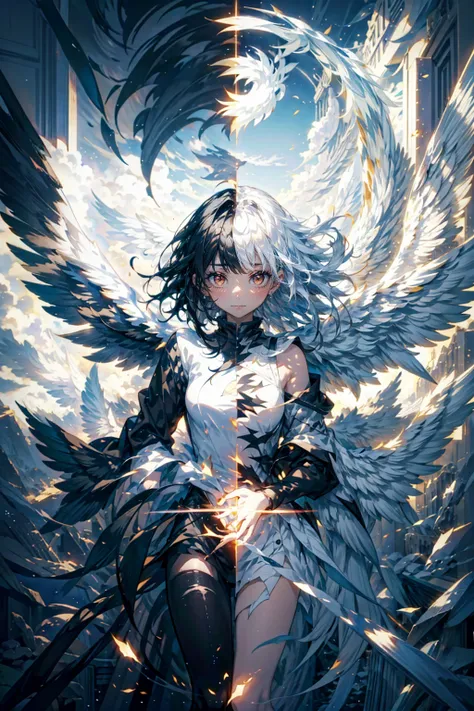 1girl,solo,cute and cool,half and half,black hair,white hair,black wing,white wing,left_right