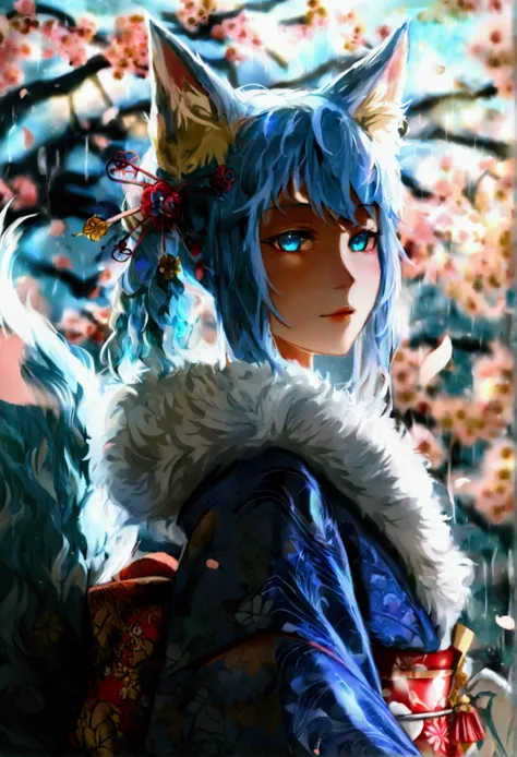 fox Light blue hair 　beast girl　indigo fur　fox beast girl　fox Light blue hair 　beast girl　indigo fur　fox beast girl　Wallpaper 4k,8k,highly detailled,,vivid colors,detailed kitsune with 9 tails,traditional Japanese artwork,tatami floor,beautiful cherry blos...