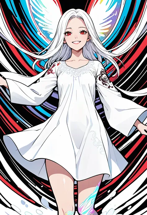 line art, iridescent white light effect, 2.5D, delicate and dynamic, pure white world, cute white Medusa girl, captivating smile, loose dress, thin flat body line, skipping happily, covered in tattoos, background white, white temple, white grounds, manga-s...