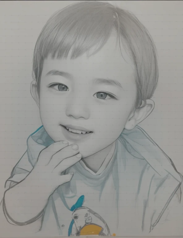 Realistic color photography style、Smiling emphasizes nasolabial folds. Make the chin a little thinner and accentuate the nasolabial folds.、I want it to look more like a color photograph............。3 year old boy, Xu々To、Clearly visible、Emphasizes deep naso...