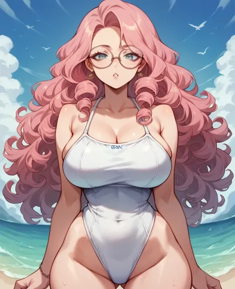 Anime woman with long pink hair, curly hair, large breasts, narrow waist, wears glasses, and wears a blue and white swimsuit.