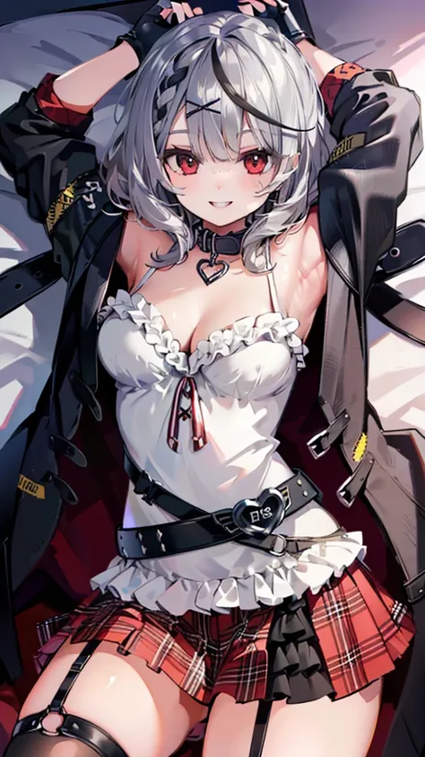 (best quality:1.2), (ultra detailed:1.2),(masterpiece:1.2),(8k:1.2),(1girl, 独奏, red eyes, sakamata chloe, garter straps, fingerless gloves, torn thighhighs, grey hair, multicolored hair, plaid skirt, cleavage, x hair ornament, red skirt, black collar, whit...