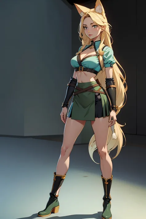 ((Full body photo, standing, feet on the floor)) Beautiful 1girl, full body, teenager, solo, (very long waist length blonde hair, straight blonde hair: 1.28), ((light blue eyes)), clear skin, (large darker fox ears: 1.35), pale skin, medium breasts, cleava...