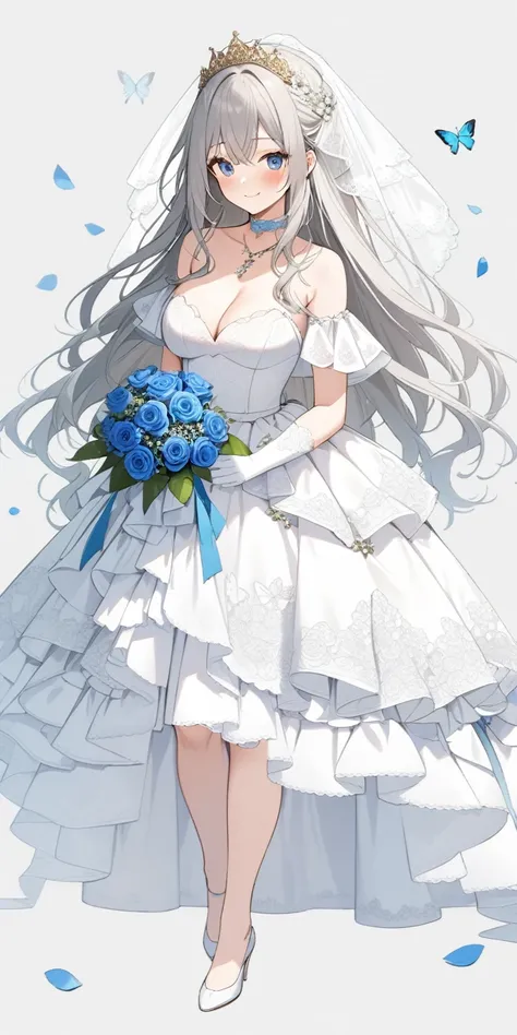 ((masterpiece)), (((best quality))), ((ultra-detailed)), ((illustration)), ((disheveled hair)), ((frills)), (1 girl), (solo)，alternative costume,blue flower, blue rose, blush, bouquet, breasts, bridal veil, bug, butterfly, choker, cleavage, clothing, crown...