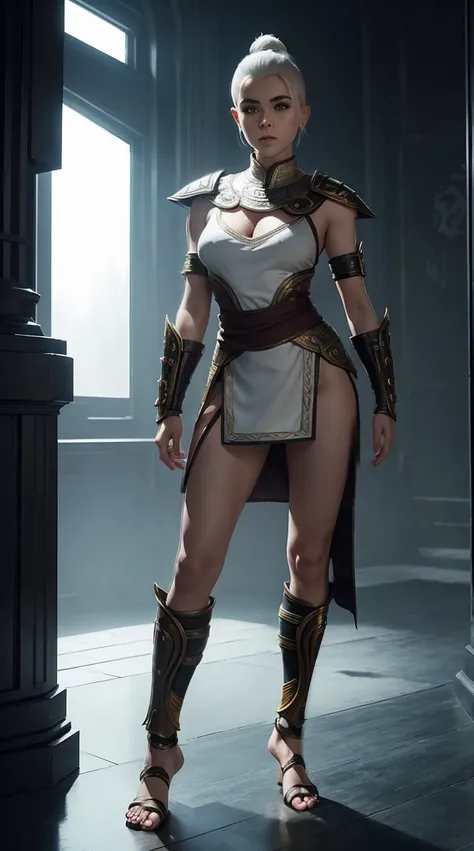 ((Full body photo, standing, feet on the floor))Kiernan shipka, white one side shaved haircut, in mortal kombat Shao Kahn outfit, full body, provocative pose, cinematic, intricate details, ray tracing, hell background.