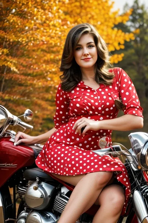 woman, about thirty years old sits on an old motorcycle, dressed in a red dress with white large polka dots, Autumn background