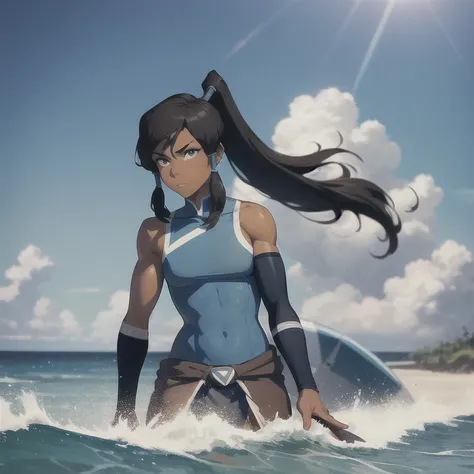 masterpiece, best quality, 1girl,  korra, toned, dark skin, ponytail, topknot,  looking at viewer, upper body, beach background, sunshine, sky, cloud, (cyan eyes:0.6)  