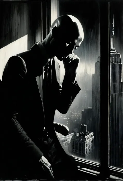 very thin young man, bald and with a black beard, next to a large window overlooking a big city,eroticism, sexy, black and white image, between shadows, oil painting, chiaroscuro, sensual, dramatic lighting, moody atmosphere, photorealistic, intricate deta...