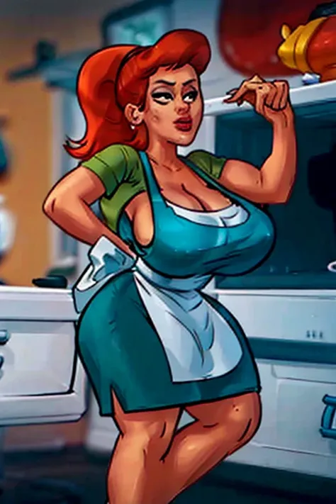 dextersmom, green shirt, apron, (curved), milf, work of art, best qualityer, extreme detail, 8k, image sharpness