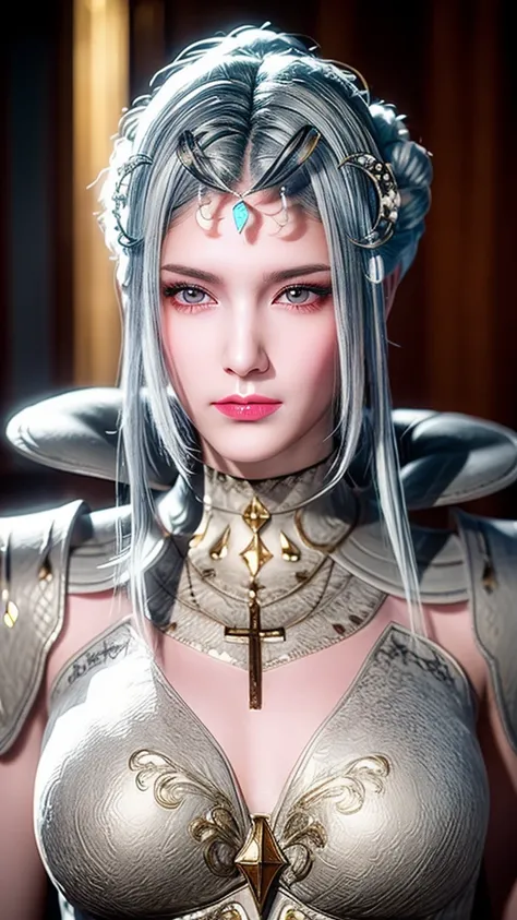 best quality, masterpiece, Big , (Large Breasts), Delicate skin texture, Detailed fabric texture, Delicate face, Super Detail, 8k, Intricate details, 1 Girl, 30 years old, High contrast, High resolution eyes, Silver Hair Goddess，Royal sister，Sexy。