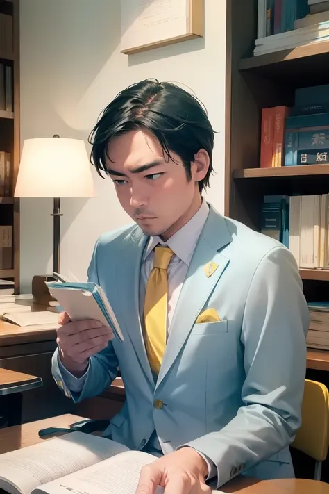 boy, alone, ((light blue suit))、((yellow shirt)), lawyer, study, bookshelf, legal book, desk lamp, read, concentrate, knowledge,