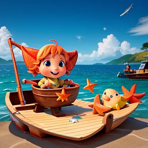 fishing boat with starfish and fish singing and dancing