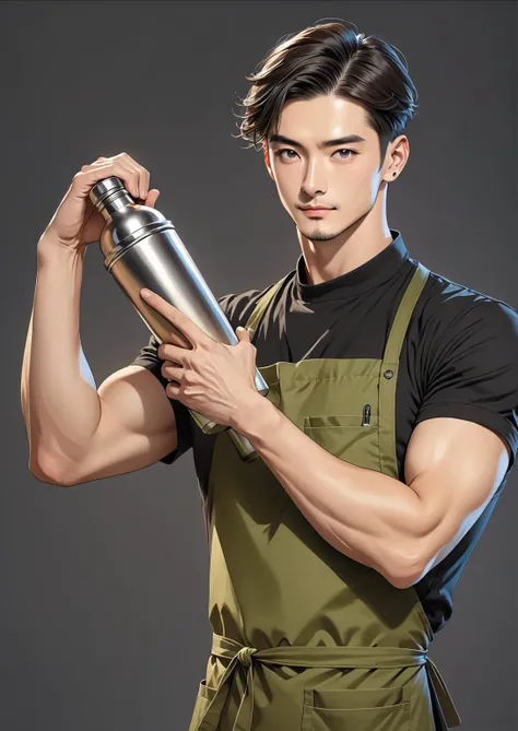 beautiful illustration, ultra-detailed, masterpiece, male man, bartender, black t-shirt, olive apron with pockets, holding shaker with both hands, half-turn pose,  slim, thin