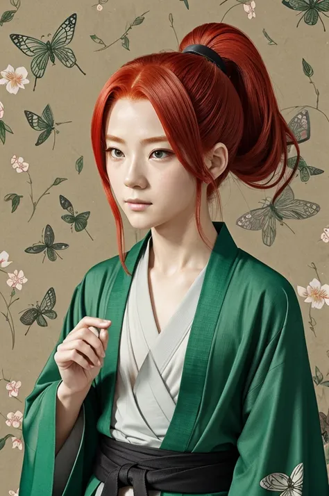 A red-haired boy with long hair[with a small low ponytail ] , eyes with green irises .stomach 1,70  , is surrounded by beautiful bugs . She wears a green kimono with gray patterns and shoes that match the kimono..  Drawing style of jujutsu kaisen anime man...