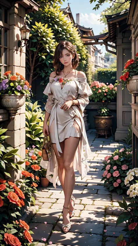 At a formal garden party、A woman wearing an elegant off-the-shoulder dress is walking with a lush garden in the background。Colorful flowers are blooming all around her.、Stiletto heels