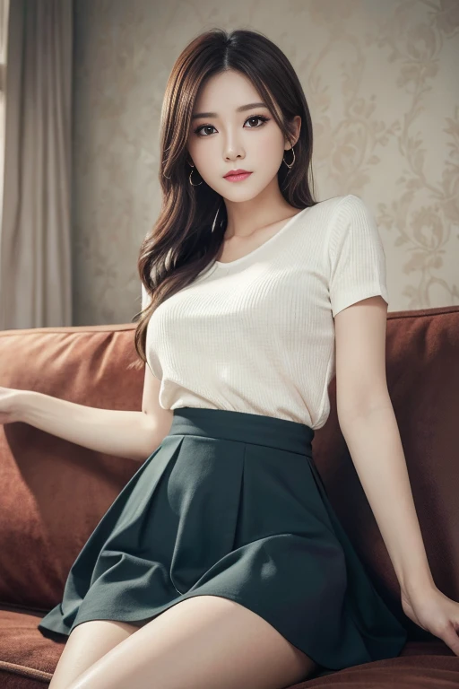 masterpiece, best quality, Practical, Very detailed, Finer details, high resolution, 8k wallpaper, A beautiful woman, Wear a hip skirt, Perfect dynamic composition, Pretty and beautiful eyes、Sitting on the sofa、