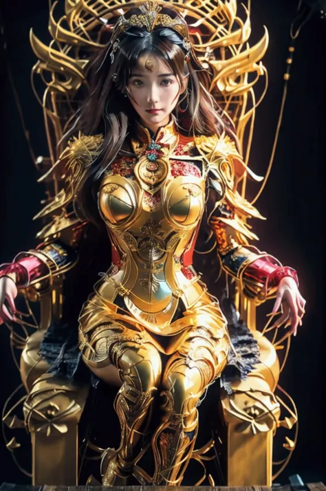 Arafid woman sitting on the throne，There is a dragon on the throne, Statue inspired by PwC, CG social trends, Art Nouveau, Katsuragi Misato, anime goddess, Chinese goddess, ( Very detailed pictures ), Complex and gorgeous anime CGI style, anime statue, Bea...