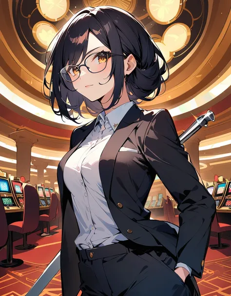 Cool girl, Putting Pipe, coat on suit, casino, glasses, long black hair, small sword at the waist, girl standing, (looking at viewer), 