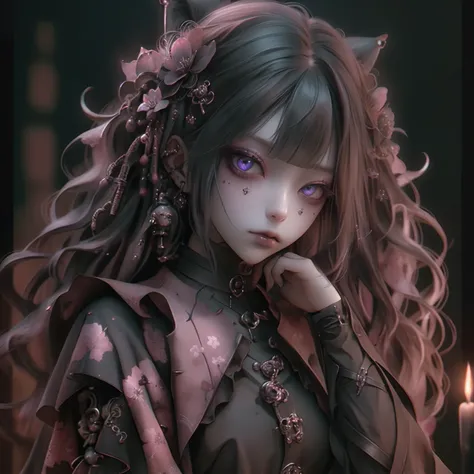 Down Tin Down Women、From below,front,Full Shot,Cynical and menacing pose，Looking down，eye shadow，,boots，Game character costumes,novel,Gothic Punk,dress,boots，image color: Black and Pink,lanthanum, cherry blossoms, petals in the wind, Calm, mysterious, high...