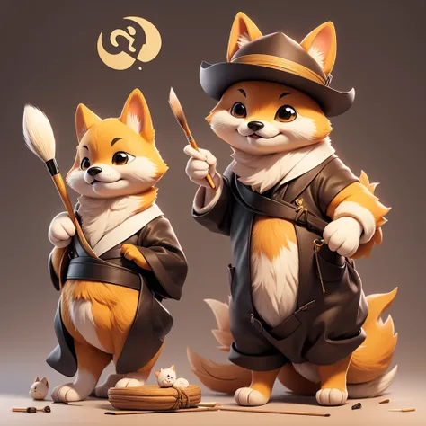 Cute anthropomorphized Shiba Inu character。
A scene of him writing calligraphy with a brush and a serious expression on his face,、Proudly showing off the finished work。