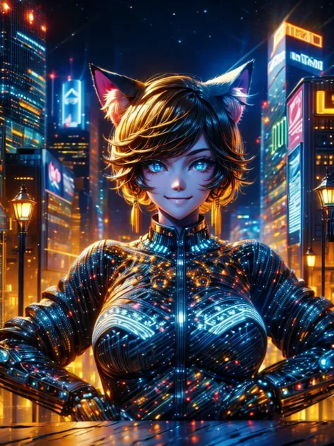 Masterpiece,Highest Resolution,Highest quality,A beautiful smiling android girl from the future,Cat ear,An intricate mechanical body,Crisp down to the smallest detail,Future city at night,whole body,looking at the camera,Very beautiful eyes,