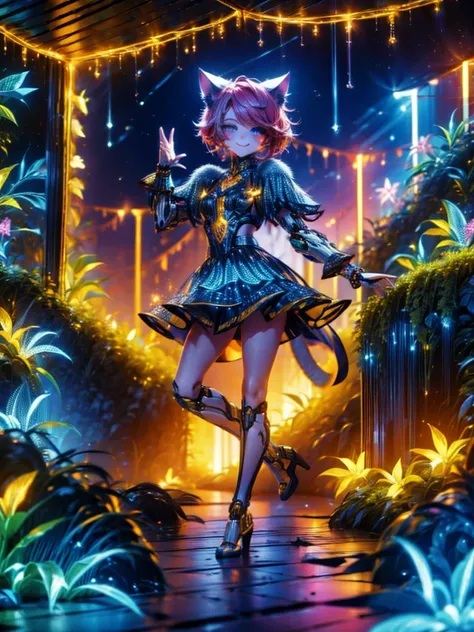 Masterpiece,Highest Resolution,Highest quality,A beautiful smiling android girl from the future,Cat ear,An intricate mechanical body,Crisp down to the smallest detail,Future city at night,whole body,looking at the camera,Very beautiful eyes,