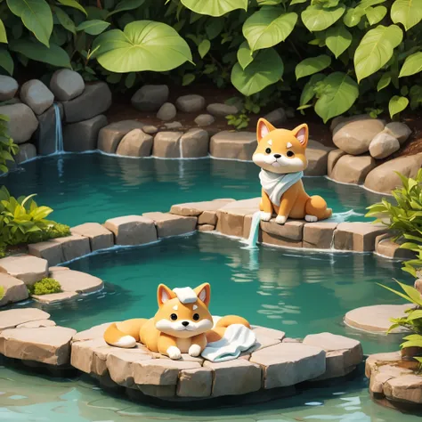 Cute anthropomorphized Shiba Inu character。
Relaxing in a hot spring,、With a towel on his head。