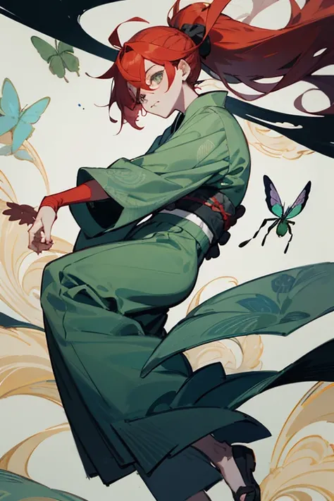 A red-haired boy with long hair[with a small low ponytail ] , eyes with green irises .stomach 1,70  , is surrounded by beautiful bugs . She wears a green kimono with gray patterns and shoes that match the kimono..  Drawing style of jujutsu kaisen anime man...