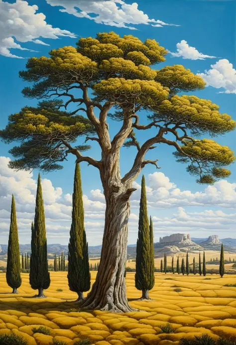 A painting showing a green field covered with cypress trees, Adhering to the brilliant style of Voigtlander, sky blue and yellow, Trompe l&#39;oeil illusion details, Constantinos Parthenes, Desert Gustav, Louis Hyde, Impressive skies