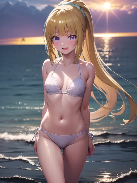 keikaruizawa, kei karuizawa, Long Hair, bangs, blunt bangs, (Purple eyes:1.1), Blonde, shirt, hair ornaments, ponytail, Scrunchie, blue Scrunchie, smile, White Bikini, My feet are in the sea, evening, There is the first star, Outdoor Beach Background, The ...