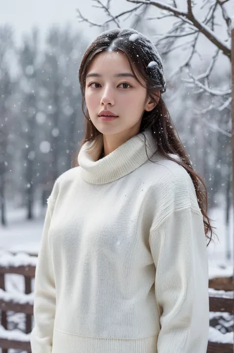 (masterpiece:1.35),(best-quality:1.4),8k,ultra-detailed,photography,(ultra-realistic:1.4), adult girl, long hair, sweater, snowing background,