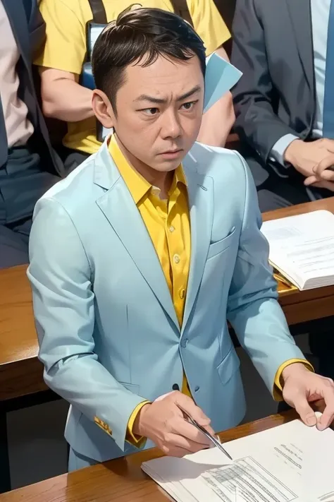 boy, alone, thinning hair,  ((light blue suit))、((yellow shirt)), (lawyer), ((court)), table, ((witness examination)), legal boo...