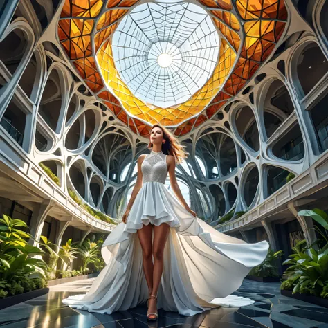 Breathtaking hyperrealistic photo from below, looking up towards the center of the large, winding web-like structure. This perspective emphasizes the height and scale of the structure, as well as the intricate details of its surface. The woman with a white...