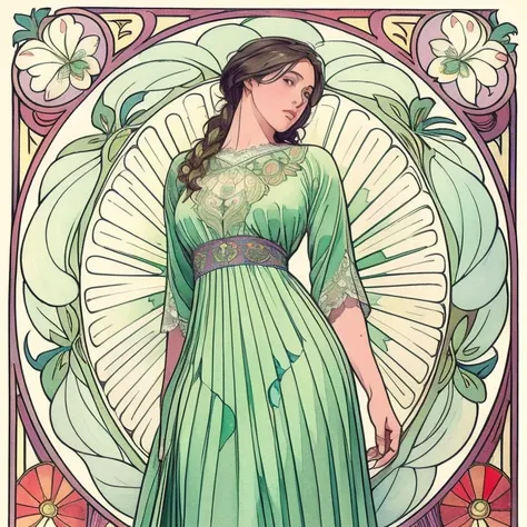 ((masterpiece)), (highest quality), art nouveau watercolor, (simple style), green dress, butterfly heart, pleated lace, edwardia...