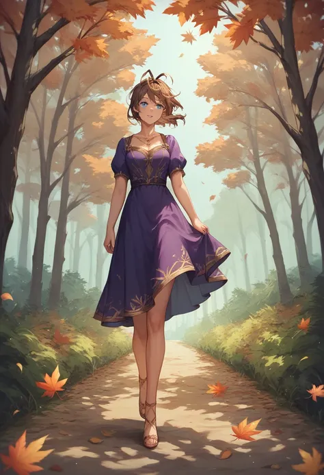 rash, Best quality, High accuracy, Amazake, (Antenna hair:1.), Intermediate seasons, Brown hair, Blue eyes, Long purple dress with delicate gold trim, Walking through a forest, Falling autumn leaves 