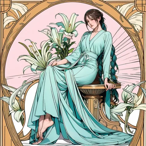 alphonse mucha風のポスターイラスト, two-dimensional painting, hatsune miku in a pale grey ankle-length dress,holding a bouquet of white li...