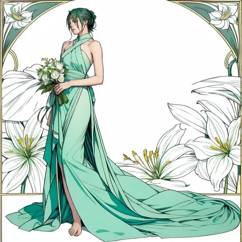 alphonse mucha風のポスターイラスト, two-dimensional painting, hatsune miku in a pale grey ankle-length dress,holding a bouquet of white li...