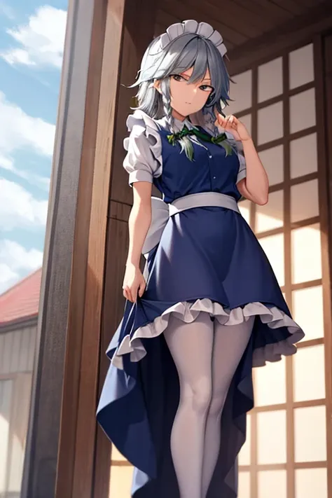 sakuya touhou, have a really long gray hair, wear a really short blue maid skirt, adult body ,wear shirt,an adult,100 ft tall,outside