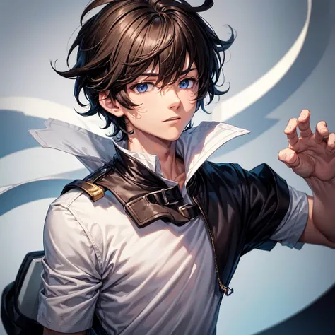 Male boy animated character with white, slightly wavy hair that appears a bit messy. The character is wearing a dark-colored top with a high collar. The face is obscured by a blurred rectangular area, making it difficult to discern any facial features