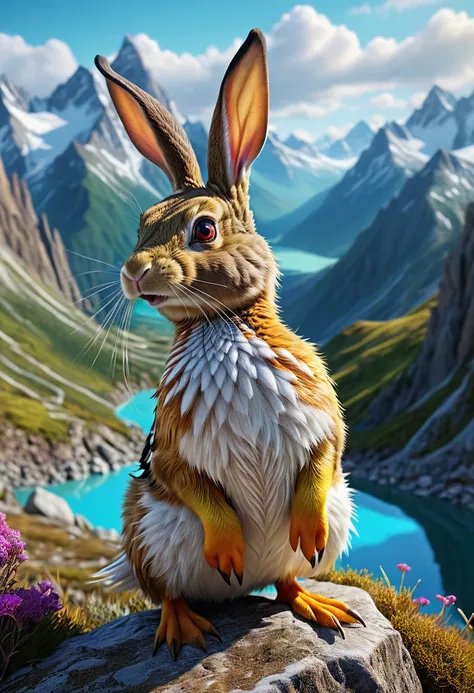 a surreal wolpertinger, hybrid creature of duck, rabbit, and mouse, in vibrant colors, against a mountainous landscape, (best qu...