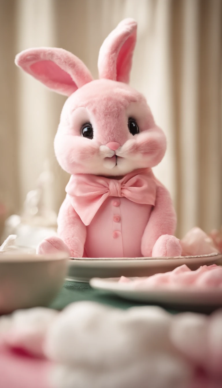 1 pink rabbit, solo,(realistic pink rabbit in diapers:1.4)，A large whole cake with a plate that says Happy Birthday!，Pink rabbit with moist teary eyes，She is smiling very much, the pants bunny is congratulating the viewer, the background is flying paper st...