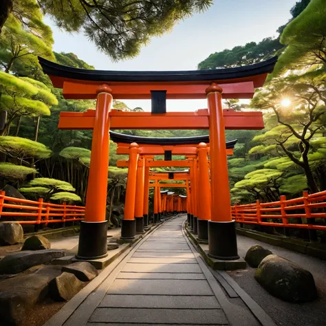 「A realistic and fantastical depiction of Kyoto&#39;s Fushimi Inari Taisha Shrine」, Japan. Check out the iconic Senbon Torii gates, An endless road lined with thousands of vibrant red torii gates. The scene should be illuminated with a mystical light., Sof...