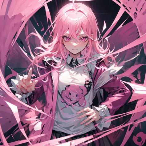 pink hair, pink eyes, rich, smirk, rich, pink goth style, boy, male boy, danganronpa, danganronpa, young, anime boy, portrait