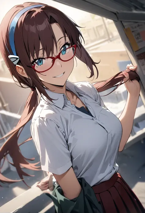 1girl, makinami mari illustrious,student,glasses, neon genesis evangelion,  ,white collared shirt,shortsleeves,pleats skirt,roof tot of school,put hands on the weist,smile,masterpiece, best quality, absurdres,