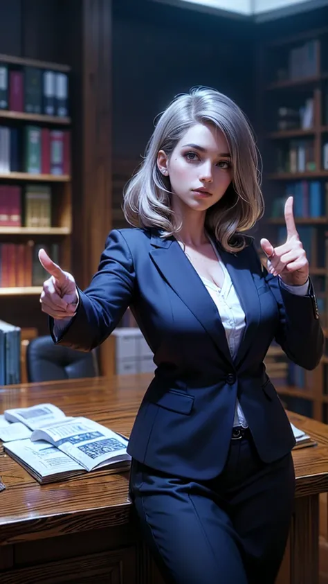 top quality, future world, State-of-the-art robot, Beautiful Woman, flying hair, Transformed into a cyborg except for the face, whole body photo, (((lawyer, law court, law related thick books on table, libra on table, suit, in office, pointing to criminals...