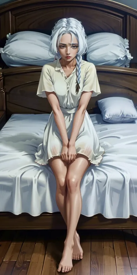 woman white hair golden eyes white skin white clothes bed bedroom side braids open legs high quality masterpiece